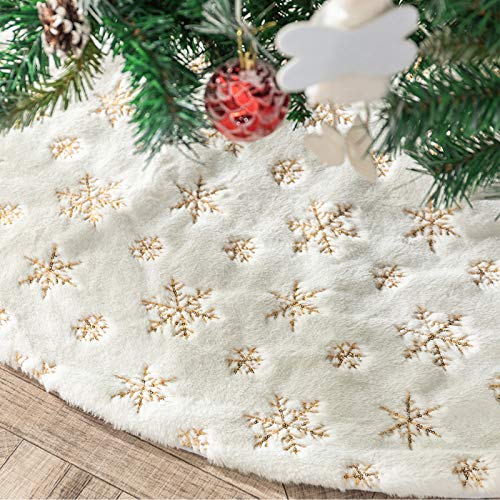 Plush Christmas Tree Skirts, 36 inches Luxury Snowy White Faux Fur Xmas Tree Base Cover Mat with Gold Snowflakes for Xmas New Year Home Party Decorations (36 inches, Gold)