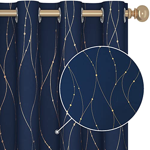 Deconovo Blackout Curtains 2 Panels for Bedroom and Living Room, Gold Foil Wave Lines and Dots, Thermal Insulated Room Darkening Grommet Window Drapes for Nursery, Navy Blue, 52W x 84L Inch
