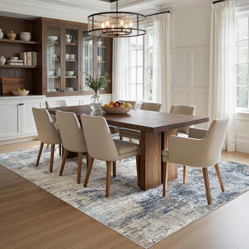 8x10 Area Rug Living Room Rugs - Washable Neutral Modern Abstract Soft Thin Large Rug Indoor Floor No Slip Rug Carpet for Bedroom Under Dining Table Home Office Decor - Denim Blue