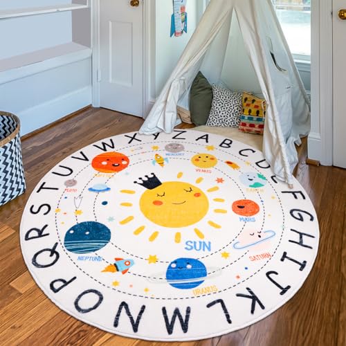 Round ABC Space Kids Rugs,4 ft Non-Slip Solar System Alphabet Rugs, Washable Rug, Soft Plush Educational Circle Rug for Classroom playroom Bedroom Kids Room Decor(for Age 2+)