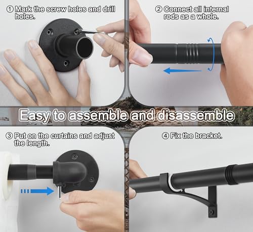 Curtain Rods for Windows 120 to 170, Heavy Duty Industrial Curtain Rods, Black Wrap Around Outdoor Curtains Rod,1 Inch Adjustable Drapery Rod 144-170"