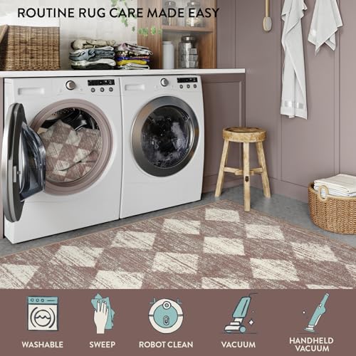 Lahome Checkered 6x9 Area Rug Beige Machine Washable Non Slip Living Room