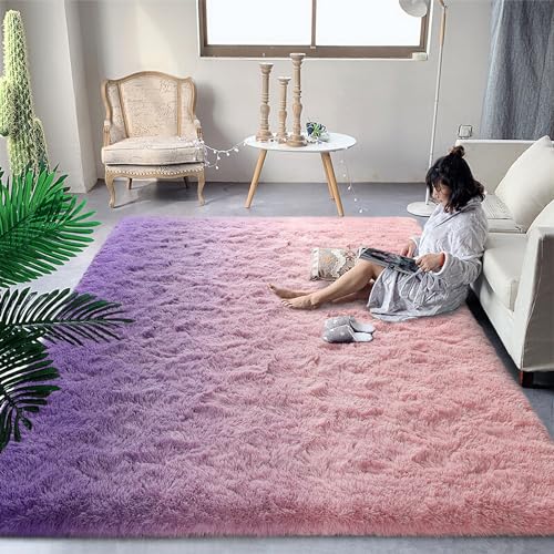 DweIke Luxury Fluffy Kids Rugs for Living Room Bedroom, 4x6 Feet Shaggy Pink and Purple Area Rug for Girls Boys, Upgrade Plush Non-Slip and Washable Colorful Fuzzy Carpet for Dorm Nursery Decor