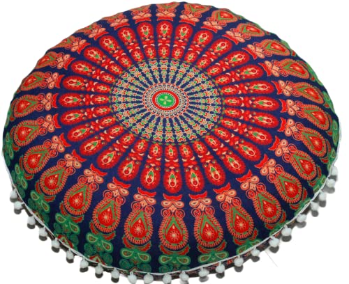 CRAFT KALA 32" in Round Mandala Floor Pillow Cushion Cover Seating Throw Cover Hippie Decorative Bohemian Ottoman Poufs Pillow Cover Cases Boho Cotton Living Yoga Home Décor Room (Multi Mirchi)