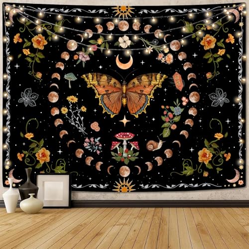 Aipon Orange Butterfly Moon Flower Tapestry Botanical Floral Plant Boho Tapestry for Bedroom Aesthetic Vintage Tapestries Wall Hanging for Living Room Dorm (36.00" x 48.00", Orange)