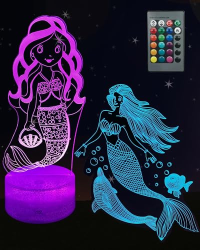 Mermaid Night Light for Girl Gift, 3D Illusion LED Lamp, 2 Patterns 16 Colors Changing Dimmable Room Bedroom Decor Bedside, Touch & Remote Control, Birthday Christmas Toy Idea Toddler Kid Teen