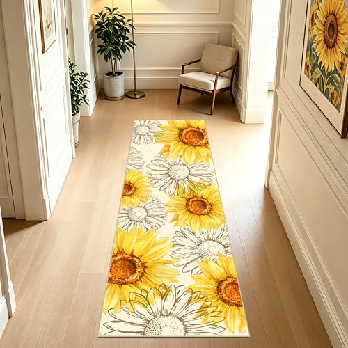 AooHHooA Sunflower Runner Rug 2x6 Yellow Rustic Floral Rug with Non-Slip Backing Washable Runner Rugs for Kitchen Hallway Laundry Entryway