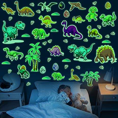 110 Pcs Glow in The Dark Dinosaur Wall Decals Stickers, Removable & Colorful Dinosaur Self-Adhesive Wall Stickers for Ceiling Kid Nursery Living Room Classroom Birthday Decoration
