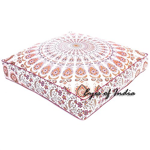 Mandala Floor Pillow Cover Meditation Cushion Seating Throw Hippie Round Colorful Decorative Bohemian Indian Pouf Ottoman Handmade Cover ONLY (Orange N1, 35" x 35")