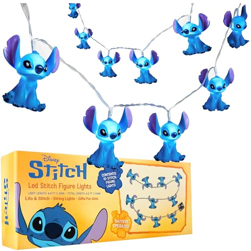 Disney Stitch LED String Lights for Kids, Teens, Adults, 10 Battery Operated Indoor 59” Fairy Lights, Room Decor Lighting, Gifts for Kids (Blue Stitch)