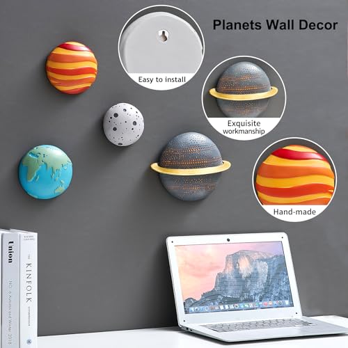 4Pcs Outer Space Planets Wall Decor, Cute Astronauts Galaxy Planet Nursery Wall Sculptures, 3D Outer Space Theme Hanging Art for Kids Room Boys Bedroom