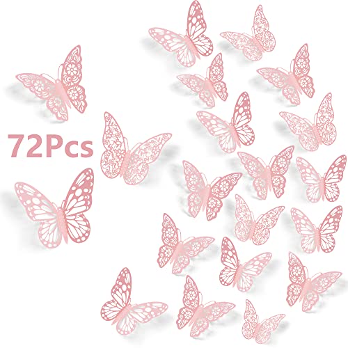SAOROPEB 3D Wall Decor, 72 Pcs 3 Sizes 3 Styles, Pink Butterfly Decorations - Removable Stickers for Room Decor, Party Balloons, Cake Decoration, Flower Arrangements