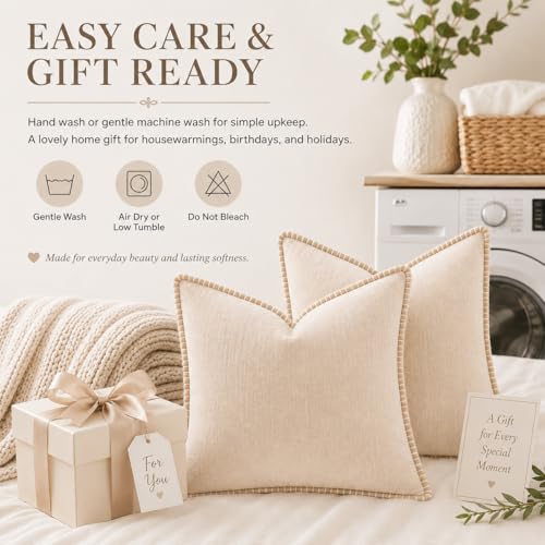 Decorative Throw Pillow Covers 18x18Inch, Pack of 2 Beige Chenille Soft Pillow Covers with Stitched Edge,Farmhouse Neutral Euro Decorative Pillows for Bed Couch Sofa Home Decor Living Room
