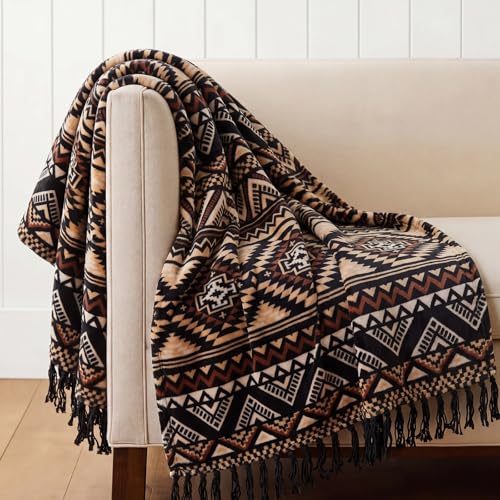 CASAAGUSTO Boho Throw Blanket with Tassel, Farmhouse Western Flannel Bohemian Blanket, Vintage Native Mexican Decorative Throw, Ideal for Gifting (50x60 Inches, Brown Black)