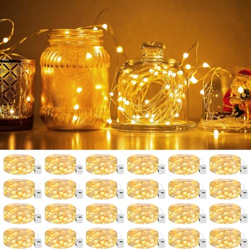 litogo 24 Pack 7FT 20 LED Fairy Lights Battery Operated, 3 Lighting Modes, Bulk Mini Twinkle String Lights Waterproof Silver Wire for Weddings Mason Jars Party Christmas Decorations-Warm White