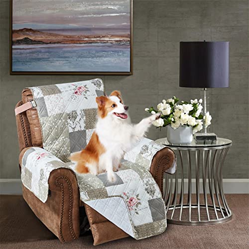 Brilliant Sunshine Pink Rose and Grey Toile Couch Recliner Cover, Patchwork Design, Sofa Cover for Dogs, Slip Resistant Furniture Protector with Strap, Washable Slipcover for Kids and Pets (26" seat)