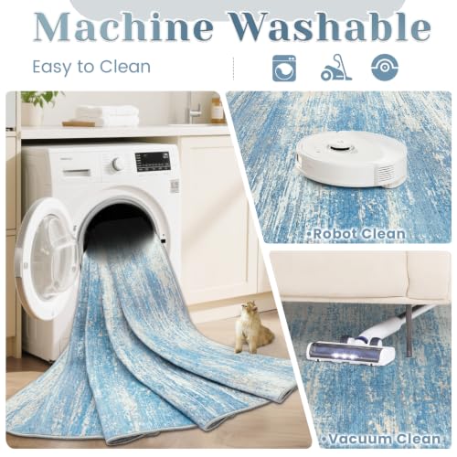 Washable Rug 5x7 Area Rugs for Living Room: Neutral Soft Rug Abstract Non Slip Low Pile Modern Carpet for Bedroom Kitchen Nursery Office Dining Room Indoor (Lightblue, 5'x7')