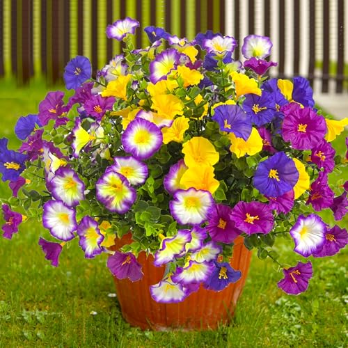 Artificial Flowers for Outdoors Fake Plants Spring Summer Decor, 12 Bundles Realistic Fake Silk Flowers Colorful Morning Glory UV Resistant Faux Flowers for Porch Outside Planter Porch Patio Yard