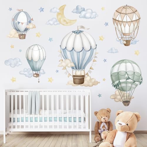 wondever Watercolor Hot Air Balloon Wall Stickers Star Moon Cloud Balloons Peel and Stick Wall Art Decals for Baby Nursery Kids Bedroom