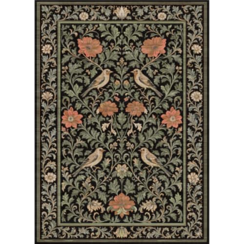 9x9 Dining Room Rugs for Under Table: Dark Botanical & Bird Patterned Rug