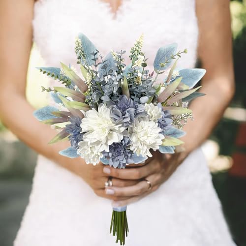 Artificial Flowers Bouquet, Silk Flowers Blue Fake Flowers Arrangement Faux Flowers for Home Decor, Vase Arrangement, Wedding Bouquets, Table Centerpieces Decor (Blue White No Vase)