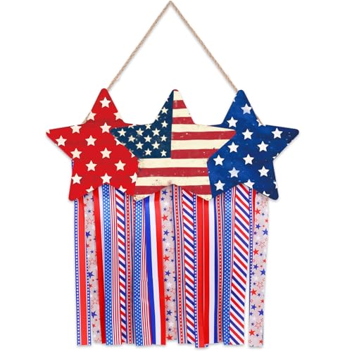 Whaline Patriotic Hanging Door Sign American Star Front Door Hanger Wooden 4th of July Welcome Sign for 250th
