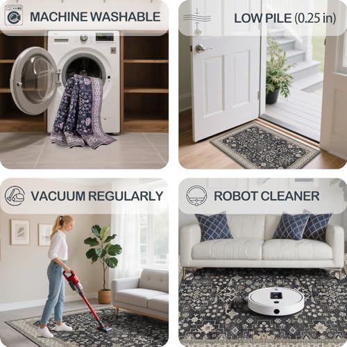 4x6 Area Rug for Bedroom Washable (Charcoal Blush Ivory)