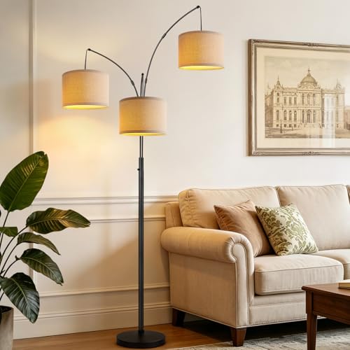 Dimmable 3 Lights Floor Lamp - 3000LM Super Bright Arc Floor Lamps for Living Room, Modern Tall Standing Lamp