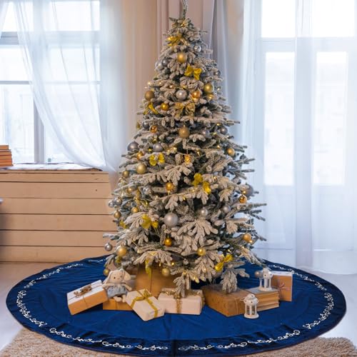 HyDren 72 Inch Velvet Christmas Blue Tree Skirt Gold Bronzing Embroidery Luxury Xmas Skirts for Merry Christmas Tree Decorations Vintage Party Favors Rustic Holiday Decor