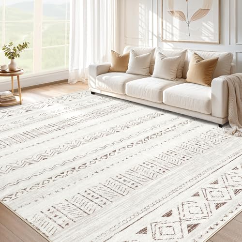 cotiled 5x7 Area Rugs Living Room Rug: Washable Boho Rugs with Non Slip Backing Large Soft Indoor Stain Resistant Carpet for Bedroom Farmhouse Dining Room Lightweight Home Decor L Brown/Cream