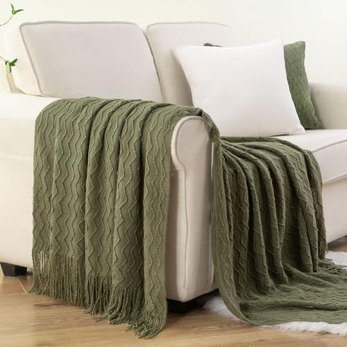 BATTILO HOME Throw Blanket for Couch, Textured Knit Throw, Olive Green Throws for Home Decor, Soft Blanket Throw for Bedroom Decor Housewarming Gifts, 50"x60"