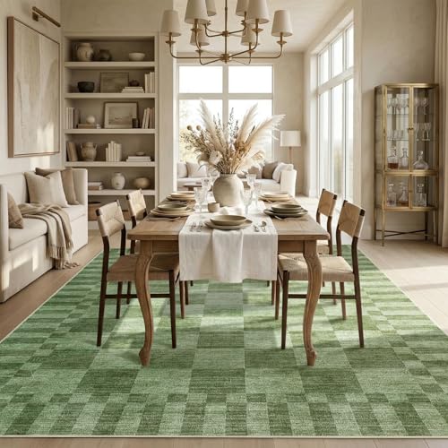 GarveeHome 8x10 Area Rugs Geometric Washable Moss Green Checkered Rug