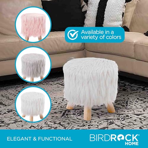 BIRDROCK HOME Small Faux Fur Foot Stool Ottoman – Upholstered Vanity Chair with Natural Wood Legs - Soft Compact Padded Seat or Accent Chair for Makeup Room, Living Room or Bedroom (White)
