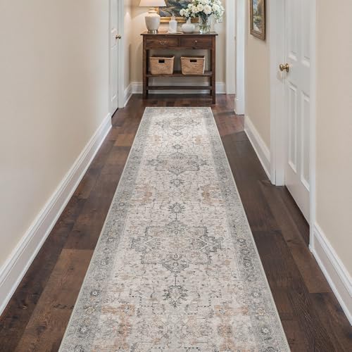 BESBLEE Runner Rug 2'6''x12, Non Slip Vintage Hallway Runner Rugs, Low Pile Lightweight Machine Washable Mat for Hallway, Entryway, Bedroom, Kitchen and Corridor, Light Taupe Brown
