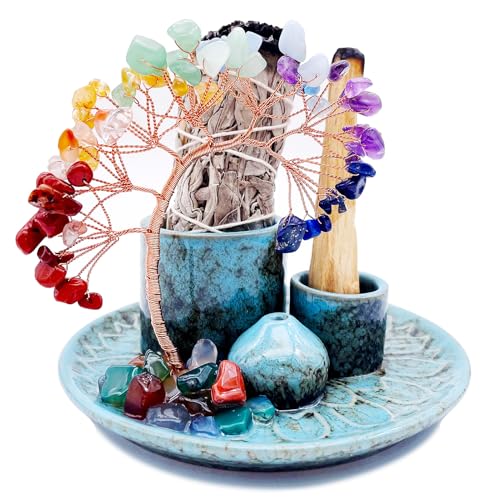 5 in 1 Incense Burner Holder with Crystal Healing Tree, Palo Santo Holder, Sage Holder, Incense Holder for Sticks/Cones/Candles, Ceramic Tray Ash Catcher for Burning Incense, Meditation Gift