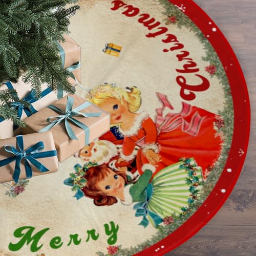 Vintage Christmas Tree Skirt Christmas Decorations - Red Vintage Style Xmas Tree Skirt Mat with Santa Claus Girls Snowflake Pattern for Indoor Outdoor Merry Christmas Holiday Party Decor 48 Inches