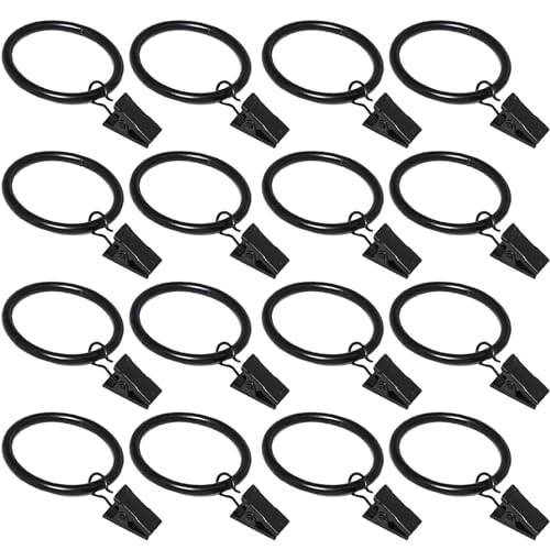 16 Pack Curtain Rings with Clips, Window Clip Rings Black Curtain Hooks Hangers Clip Rings for Hanging Drapery Drapes Bows, Small 1.26 Inch in Diameter, Fits up to 1" Rod