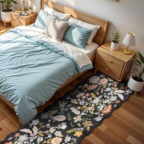 2x8ft Scalloped Hallway Runner Rug – Non-Slip Washable Boho Floral Carpet Runner for Kitchen, Bathroom, Bedroom & Entryway – Soft Low-Pile Thin Rug with Rubber Backing (Black, 2x8)