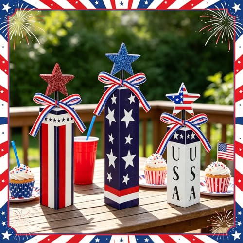3 Pcs Patriotic Wooden Table Decor, 4th of July Tiered Tray Decor, Red White Blue Star Firework Centerpieces, USA Flag Wooden Blocks for Independence Day Memorial Day Home Decor