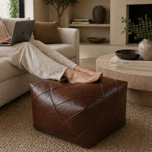 Handmade Moroccan Leather Pouf – Delivered Unstuffed – Ottoman, Footstool, Footrest, Hassock, Floor Cushion – Modern Living Room, Artisan Crafted (Dark Brown, 20 x 20 x12 inches)