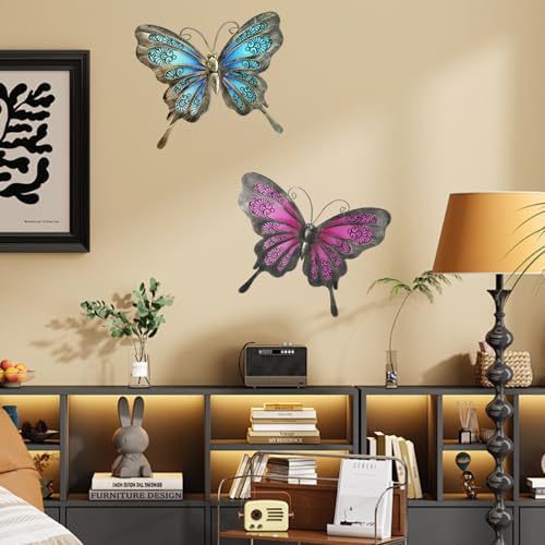LIFFY Metal Butterfly Wall Decor,2Pack 12" Glass Butterfly Outdoor Wall Art Sculptures,Hanging Garden Decor Outside for Home,Yard,Fence,Patio