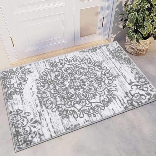 HEBE Indoor Door Mat 2'x3', Washable Distressed Boho Small Area Rug, Non Slip Vintage Accent Throw Rug Floor Carpet for Door Entrance, Entryway, Kitchen, Bathroom