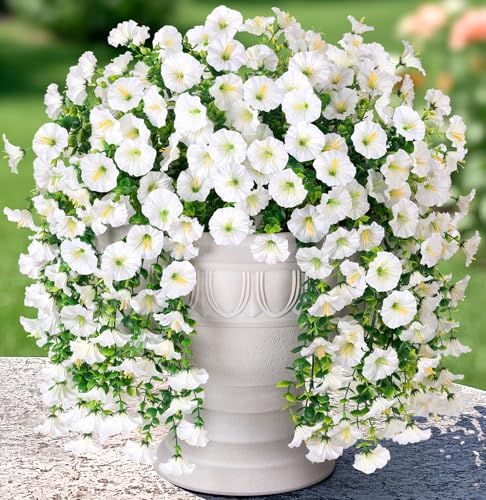 Artificial Faux Hanging Flowers Plants for Outdoor Decor,2 PCS Fake Silk Morning Glory with Eucalyptus UV Resistant Realistic Trailing Vines for Wall Home Porch Patio Balcony Yard Indoor Decor,White