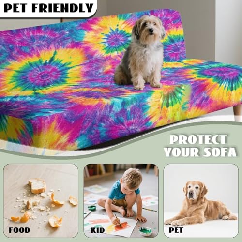 Rainbow Tie Dye Print Stretch Armless Futon Cover Sofa Couch Slipcovers Folding Armless Sofa Bed Slipcovers Furniture Protector Machine Washable