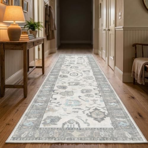 Fame Rugs Modern Oushak Rug 2'5x13, Vintage Turkish Brown Oriental Antique Inspired Extra Long Runner Rugs, Foldable Washable Luxury Living Room Bedroom (384GB, 2'5 x 13'1)