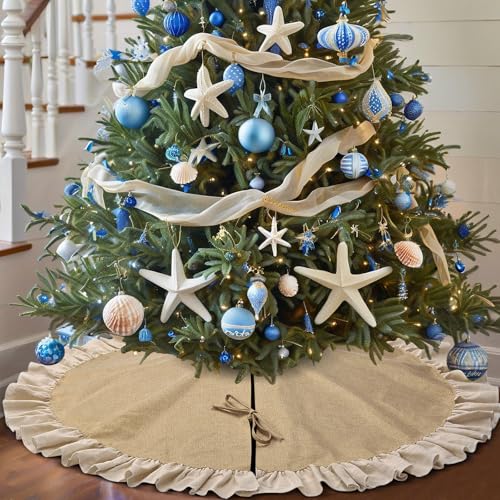 Spring Summer Burlap Tree Skirt with Ruffle Border, 48 inch Linen Rustic Farmhouse Tree Decorations Ornaments for All Season Thanksgiving Christmas Holiday Party Decor