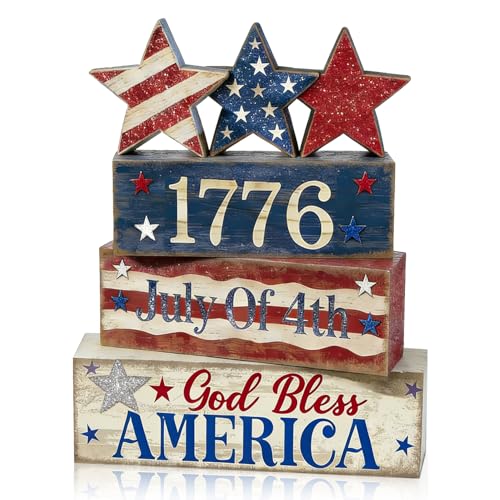4th of July Table Decorations Patriotic Memorial Day Tiered Tray Decor Wooden Star Block Signs Independence Farmhouse 250th July Fouth Centerpiece for Tables Wooden Sign for Home Decor