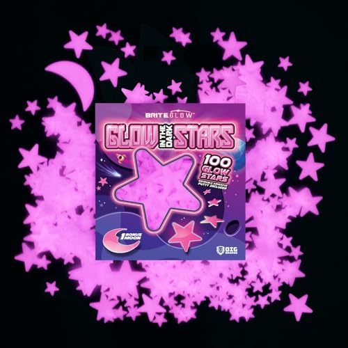 100PK Pink Glow in The Dark Stars for Ceiling Easter Basket Stuffers for Kids - Star Brite Plastic Glow Stars with Moon & Putty Ages 4,5,6,7,8,9,10,11,12 for Bedroom Space Night Light Room Non-Toxic