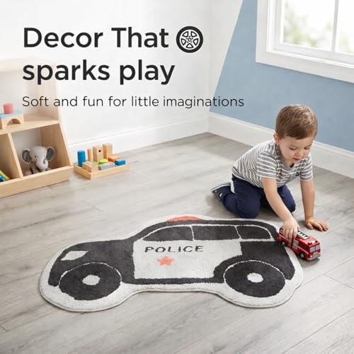 Hand Tufted Police Car Bedroom or Bathroom Rug - 30x20 in; 100% Cotton Kids Bathroom Mat; Decorative Kids Area Rug