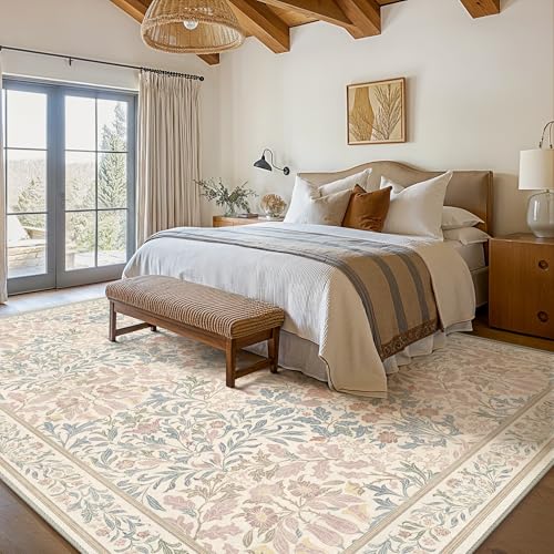 5x7 Washable Area Rug for Living Room, Vintage Floral, Sage Beige